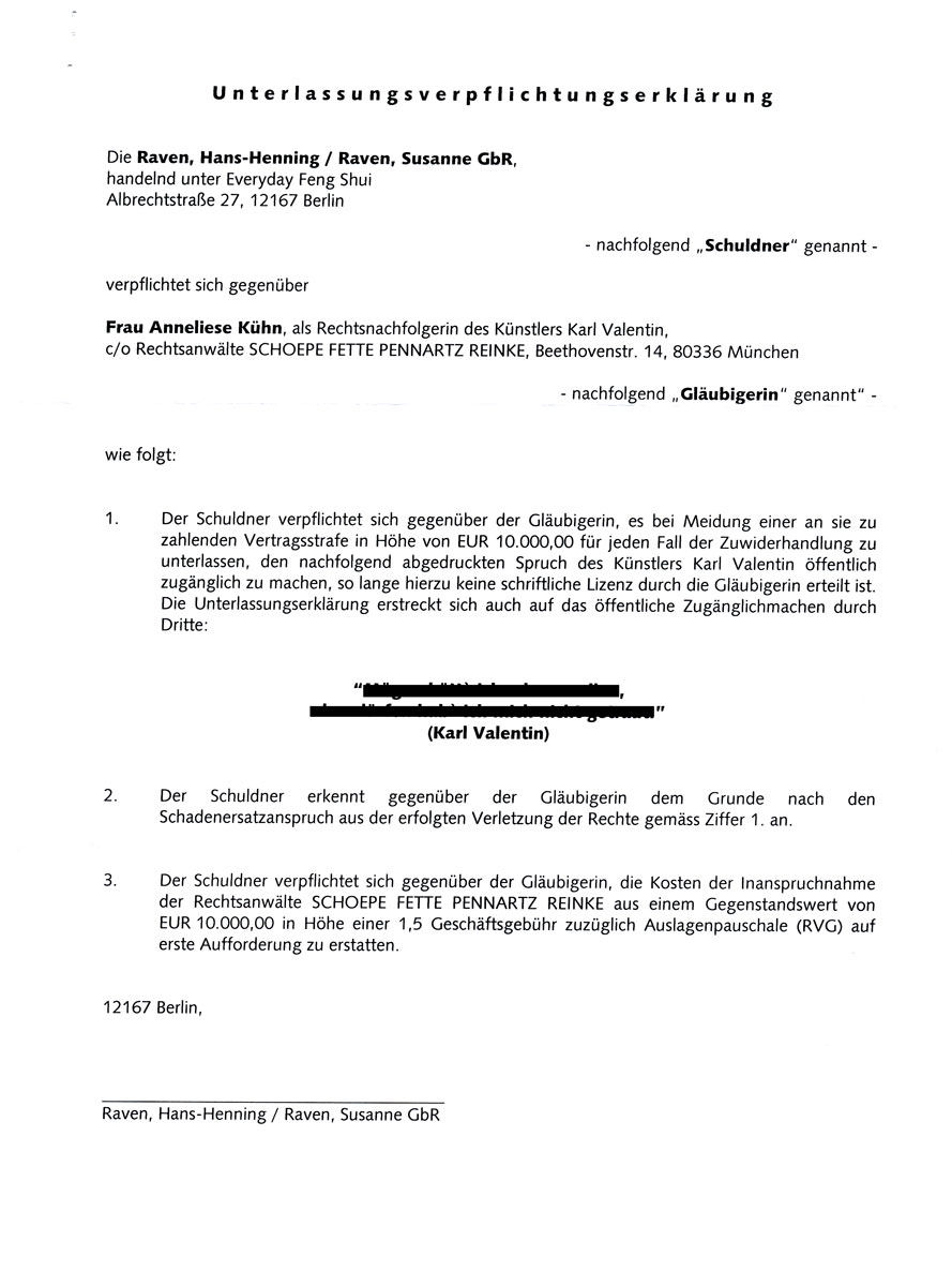 Unterlassungsverpflichtungserklärung von Everyday Feng Shui gegenüber Frau Anneliese Kühn