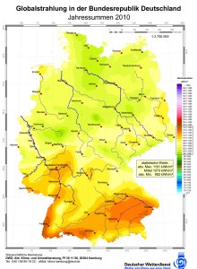 Verteilung der durchschnittlichen Sonneneinstrahlung (Globalstrahlung) in Deutschland 2010 in kWh/m² Verteilung der durchschnittlichen Sonneneinstrahlung (Globalstrahlung) in Deutschland 2010 in kWh/m²
