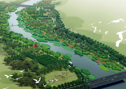 Der Tanghe River Park mit "Red Ribbon" in Qinhuangdaoin aus der Vogelperspektive