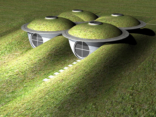 Dieses visionäre „SubHouse“ wurde mit 4 standardisierten Betonwassertanks konzipiert, jedes „Zimmer“ misst 3,4m im Durchmesser und ist 2,7m hoch. (Foto und Entwurf: Mr Thinktank)
