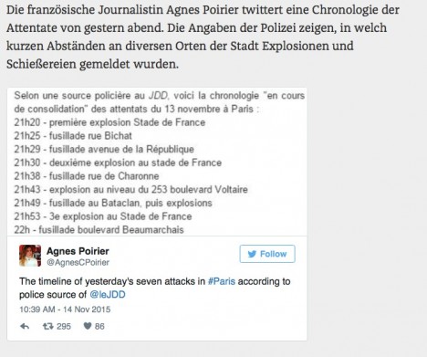 Twitter-Nachricht zu den Pariser Ereingissen von Agnes Poirier