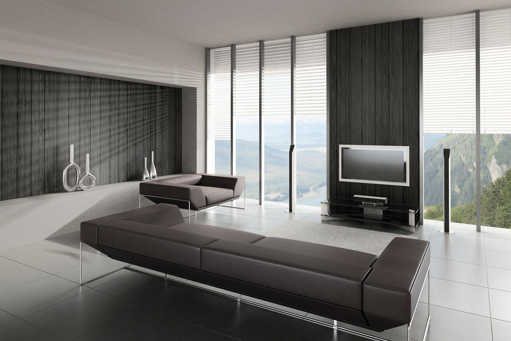 Minimalistisch und modern gestaltetes Wohnzimmer mit starker Präsenz des Elements Metall