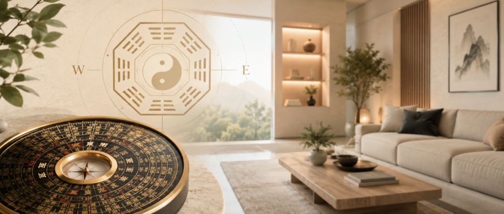 Feng-Shui-Kompass im minimalistischen Wohnzimmer